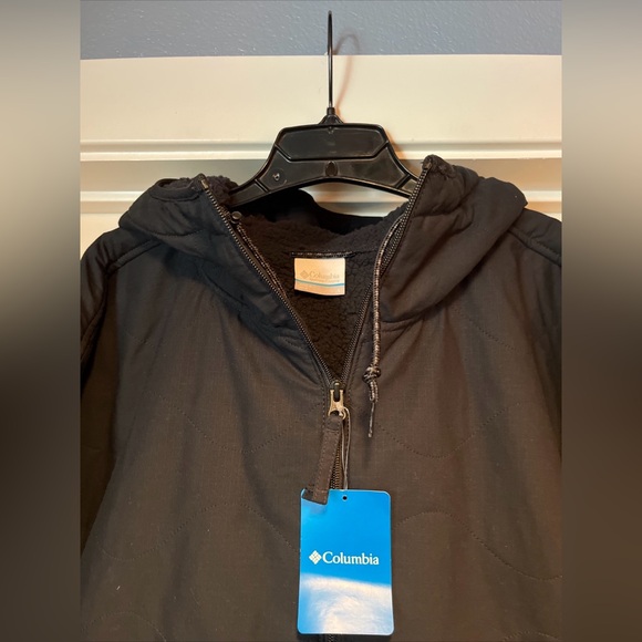 Womens Large Columbia Crystal Crest Quilted Jacket Black Hooded Sherpa Lined - Picture 3 of 16